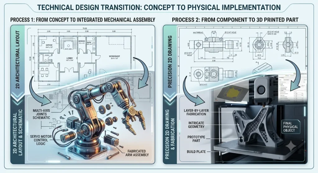 Diagram comparing 2D DWG technical blueprints, 3D STEP solid models, and STL 3D printing meshes.