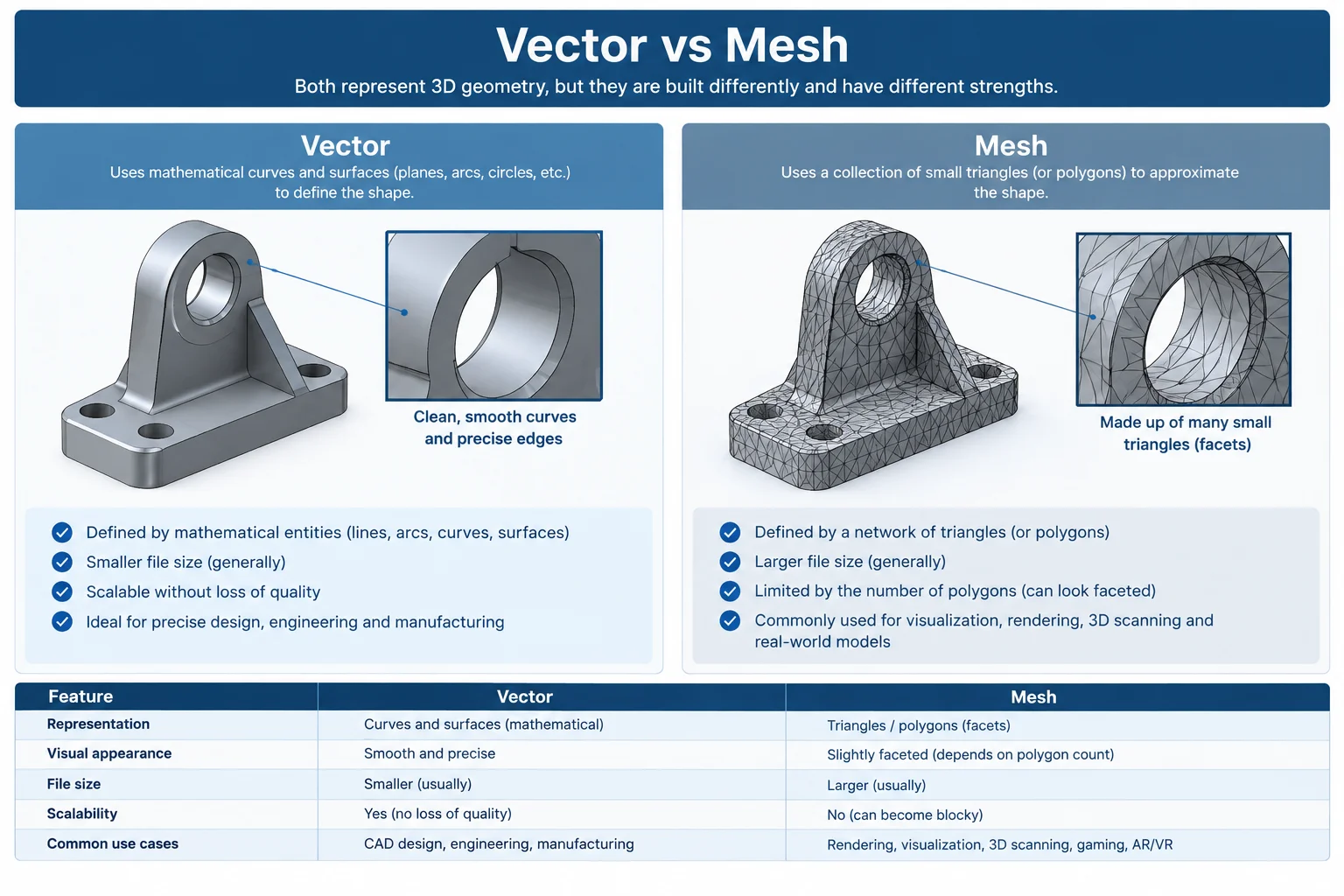 Difference between mesh and vectors in CAD file formats.