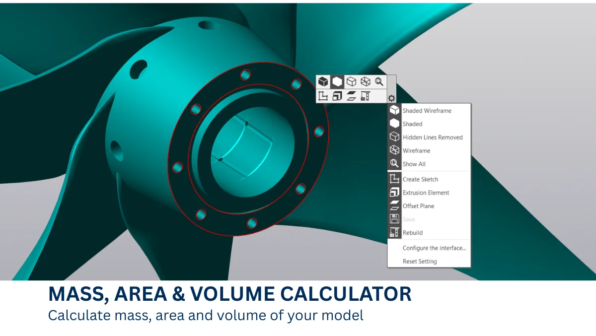 Calculator for calculating mass, area and volume of a model.